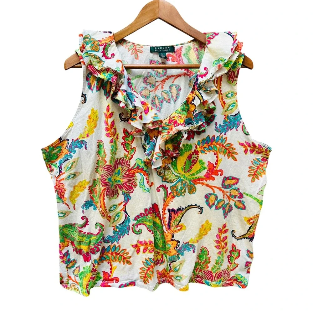 Lauren Ralph Lauren Top Sleeveless Ruffle‎ Neck Floral Multicolor Preppy Boho 3X